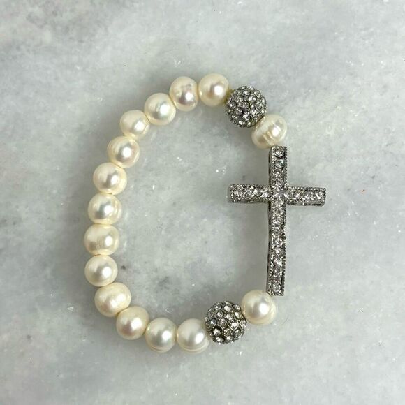 Crystal Rhinestone Cross Faux Pearl Elastic Beaded Bracelet Ivory Silver OS - Picture 1 of 5